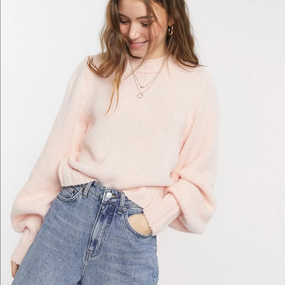 ASOS DESIGN boxy sweater with volume sleeve and rib cuffs in light pink